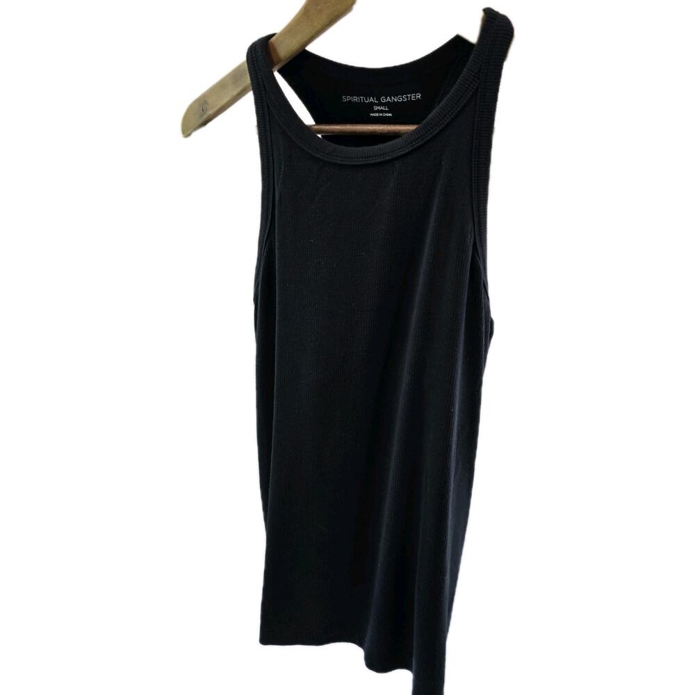 Spiritual Gangster Tank Top Womens Small Black Ribbed Rib Built In Shelf Bra